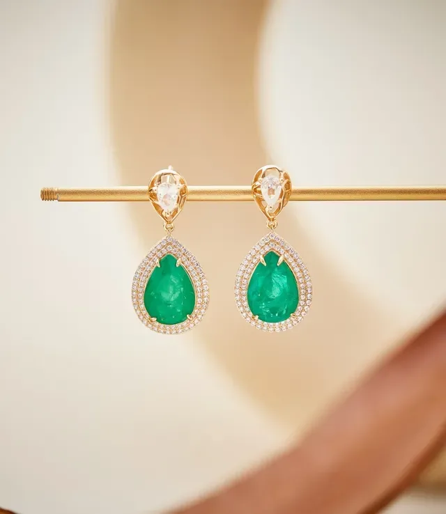 Gold-Tone Teardrop Green Gemstone Pave Halo Drop Earrings 5