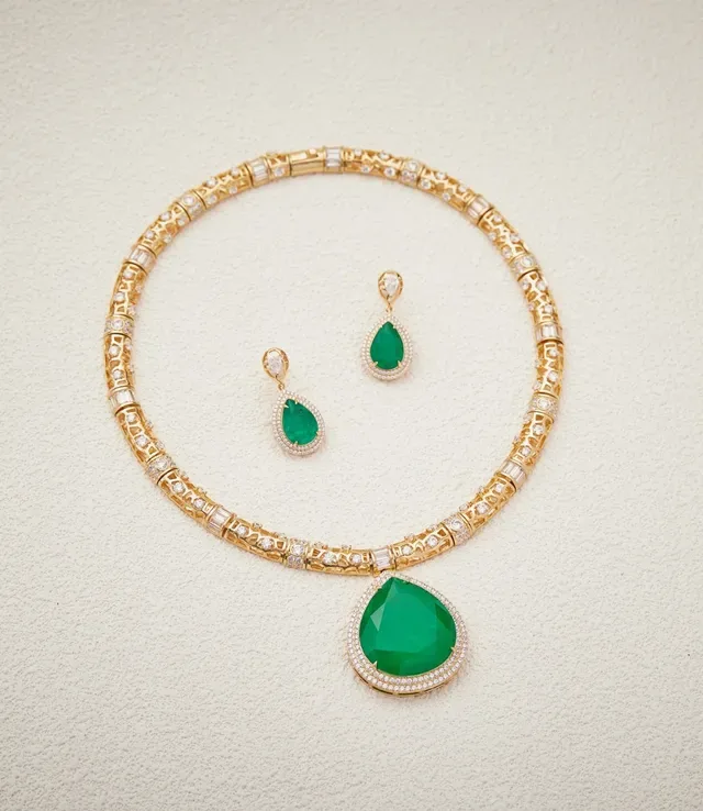 Gold-Tone Teardrop Green Gemstone Pave Halo Drop Earrings 6