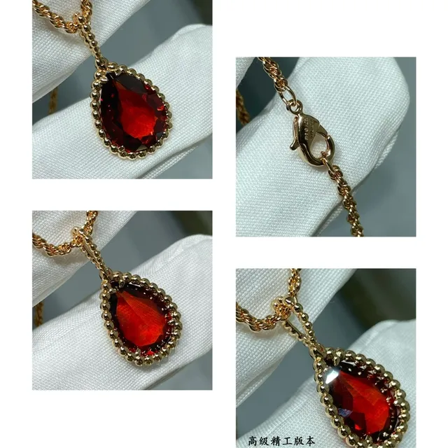 Gold-Tone Teardrop Red Stone Beaded Bezels Pendant Necklace 2
