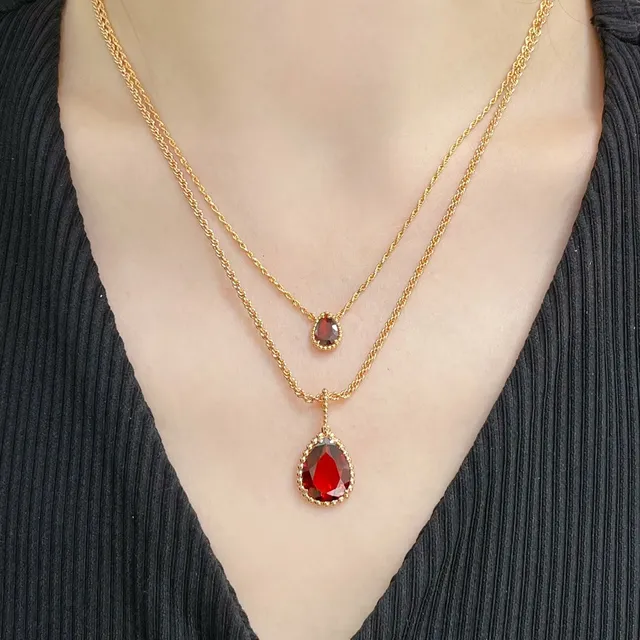 Gold-Tone Teardrop Red Stone Beaded Bezels Pendant Necklace 8