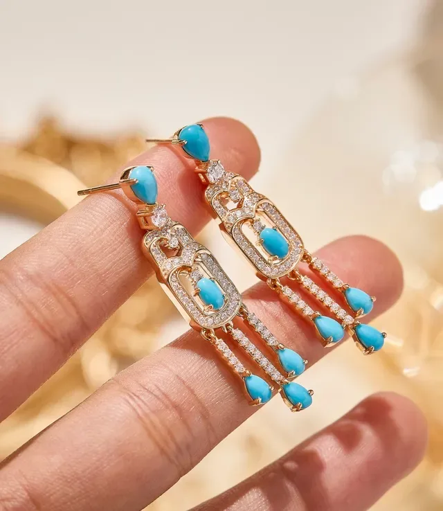 Gold-Tone Turquoise Pavé Art Deco Drop Earrings 2
