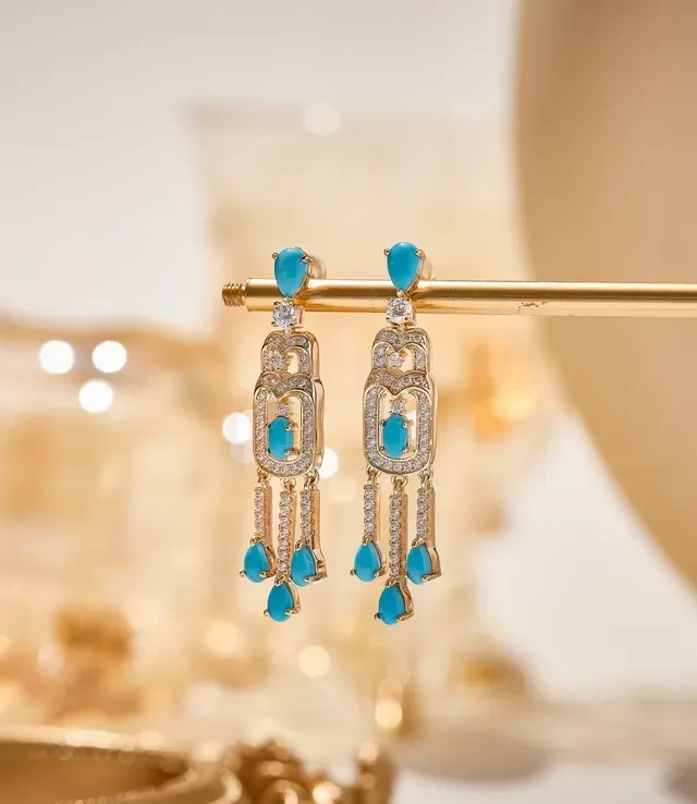 Gold-Tone Turquoise Pavé Art Deco Drop Earrings 3
