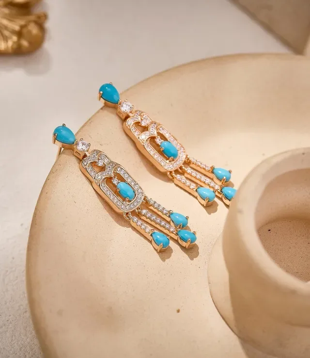 Gold-Tone Turquoise Pavé Art Deco Drop Earrings 4