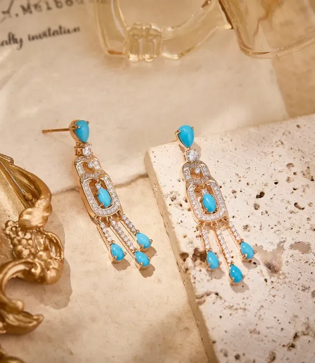 Gold-Tone Turquoise Pavé Art Deco Drop Earrings 5