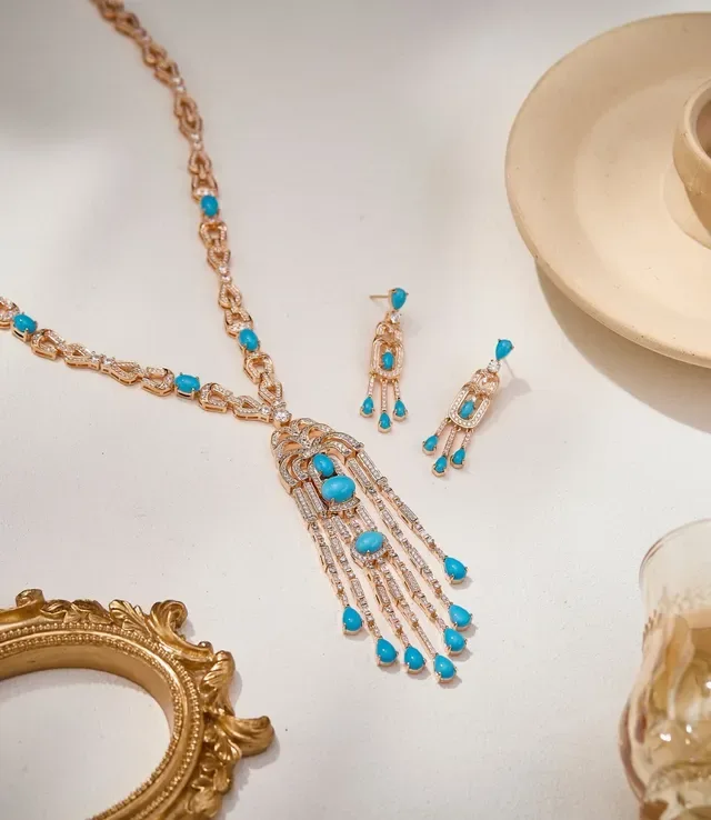 Gold-Tone Turquoise Pavé Art Deco Drop Earrings 6
