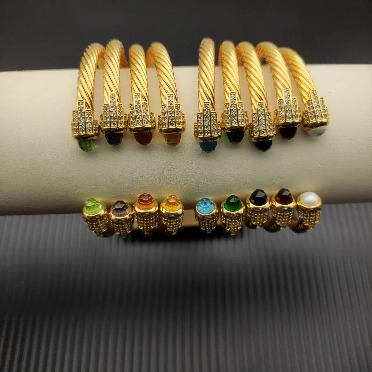 Gold-Tone Twisted Cable Gemstone-Terminal Pavé Bracelets 2