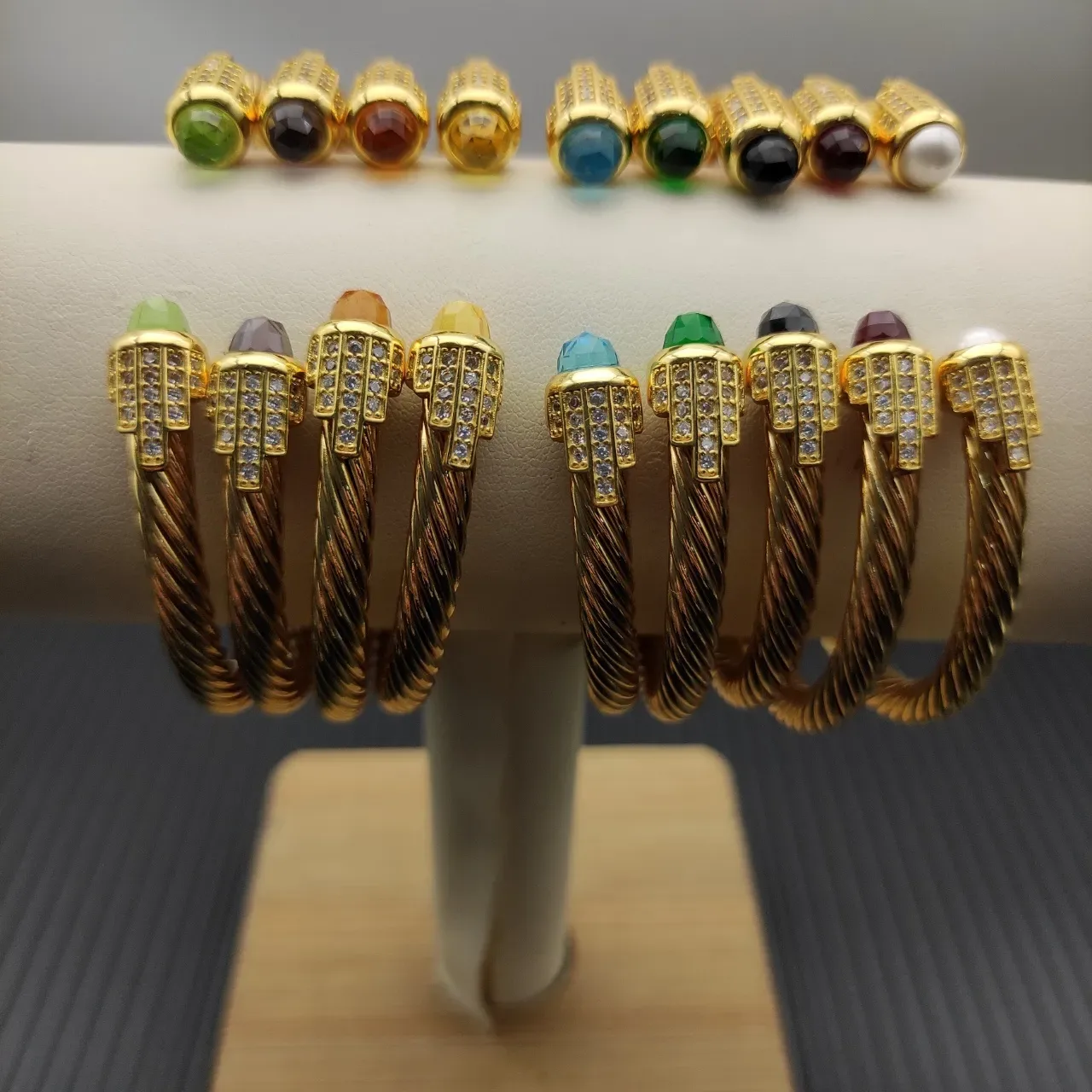 Gold-Tone Twisted Cable Gemstone-Terminal Pavé Bracelets 3