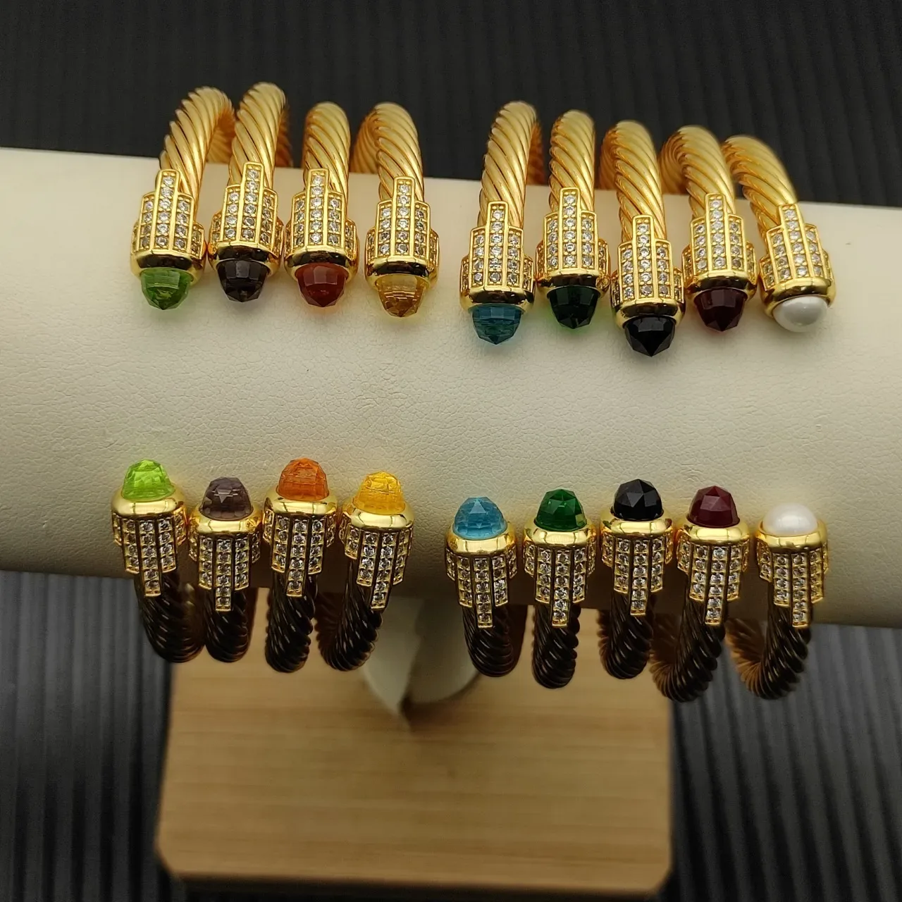 Gold-Tone Twisted Cable Gemstone-Terminal Pavé Bracelets 4