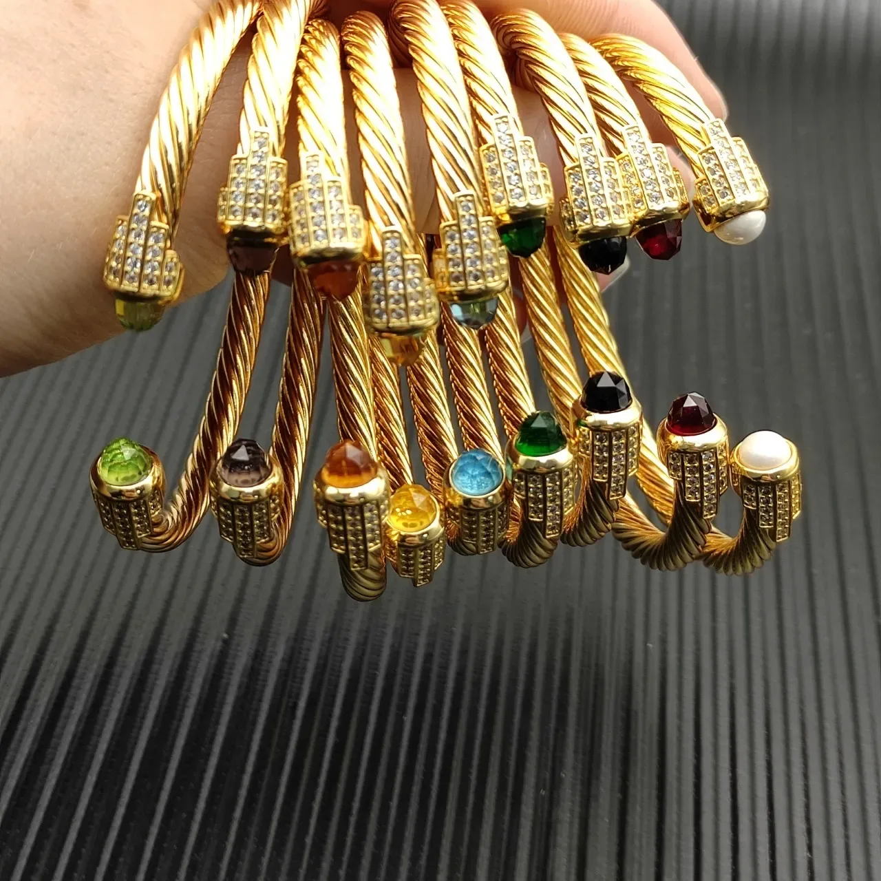 Gold-Tone Twisted Cable Gemstone-Terminal Pavé Bracelets 5