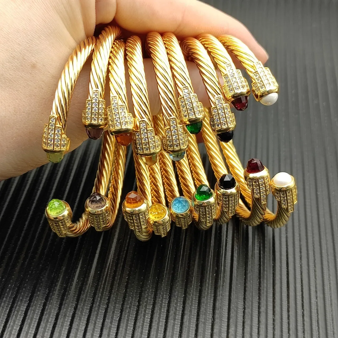 Gold-Tone Twisted Cable Gemstone-Terminal Pavé Bracelets 6