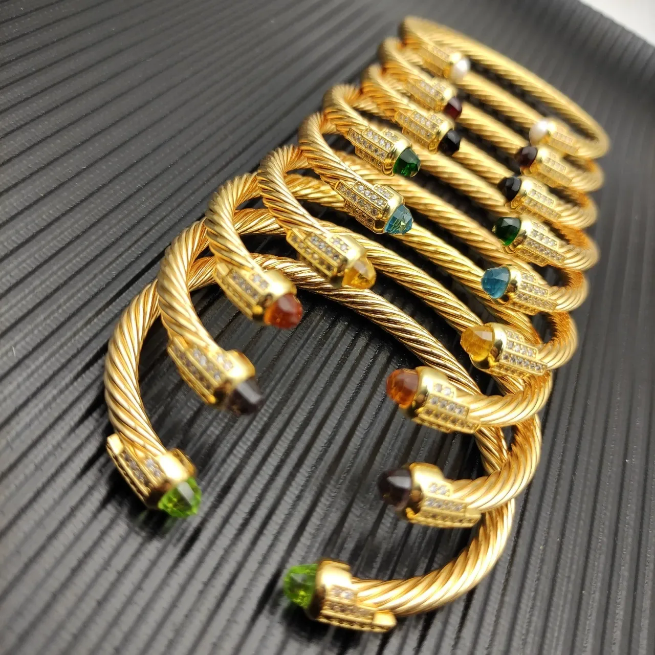 Gold-Tone Twisted Cable Gemstone-Terminal Pavé Bracelets 7