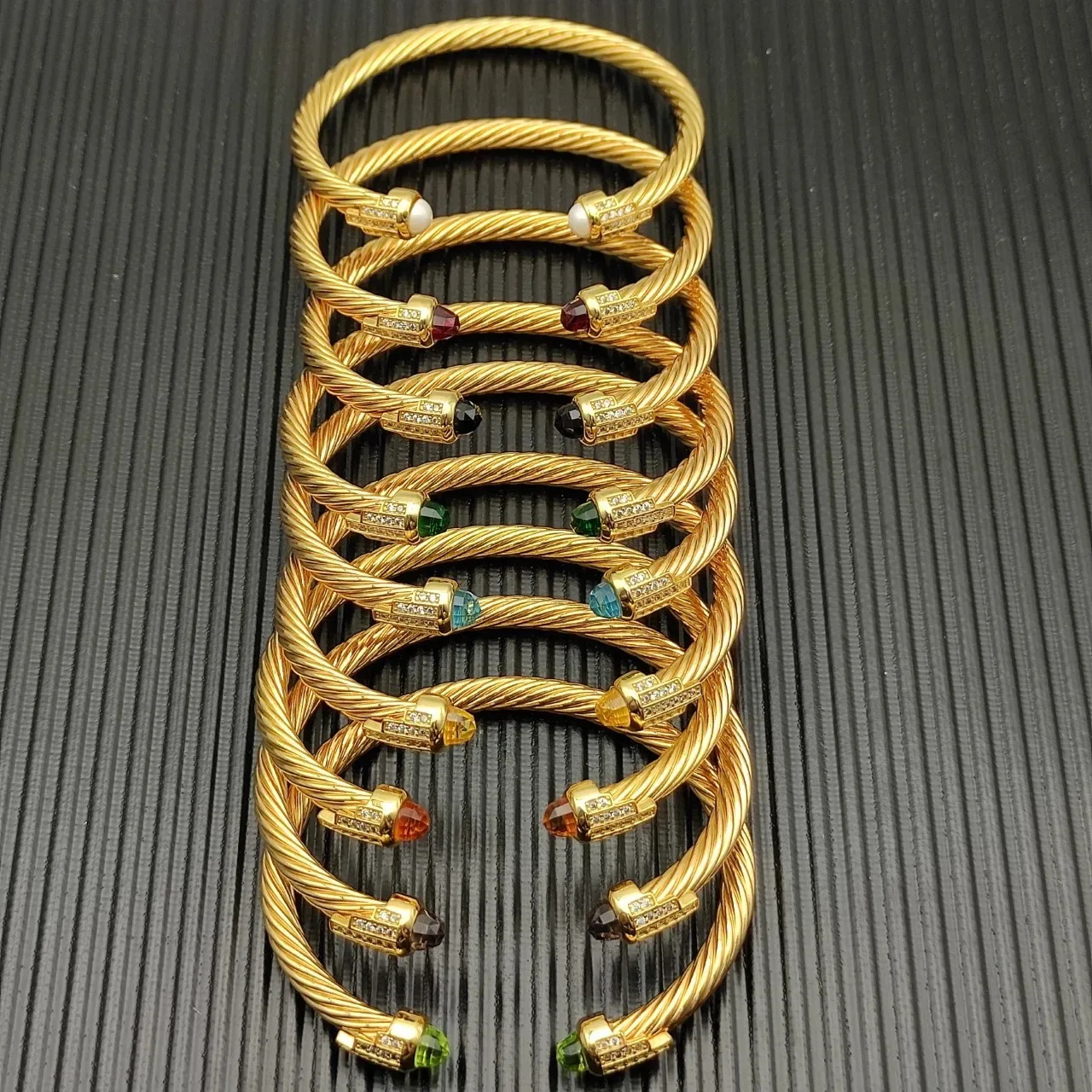 Gold-Tone Twisted Cable Gemstone-Terminal Pavé Bracelets 9