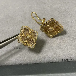 Gold White Floral Quatrefoil Silhouette Pave-Set Stone Border Earrings