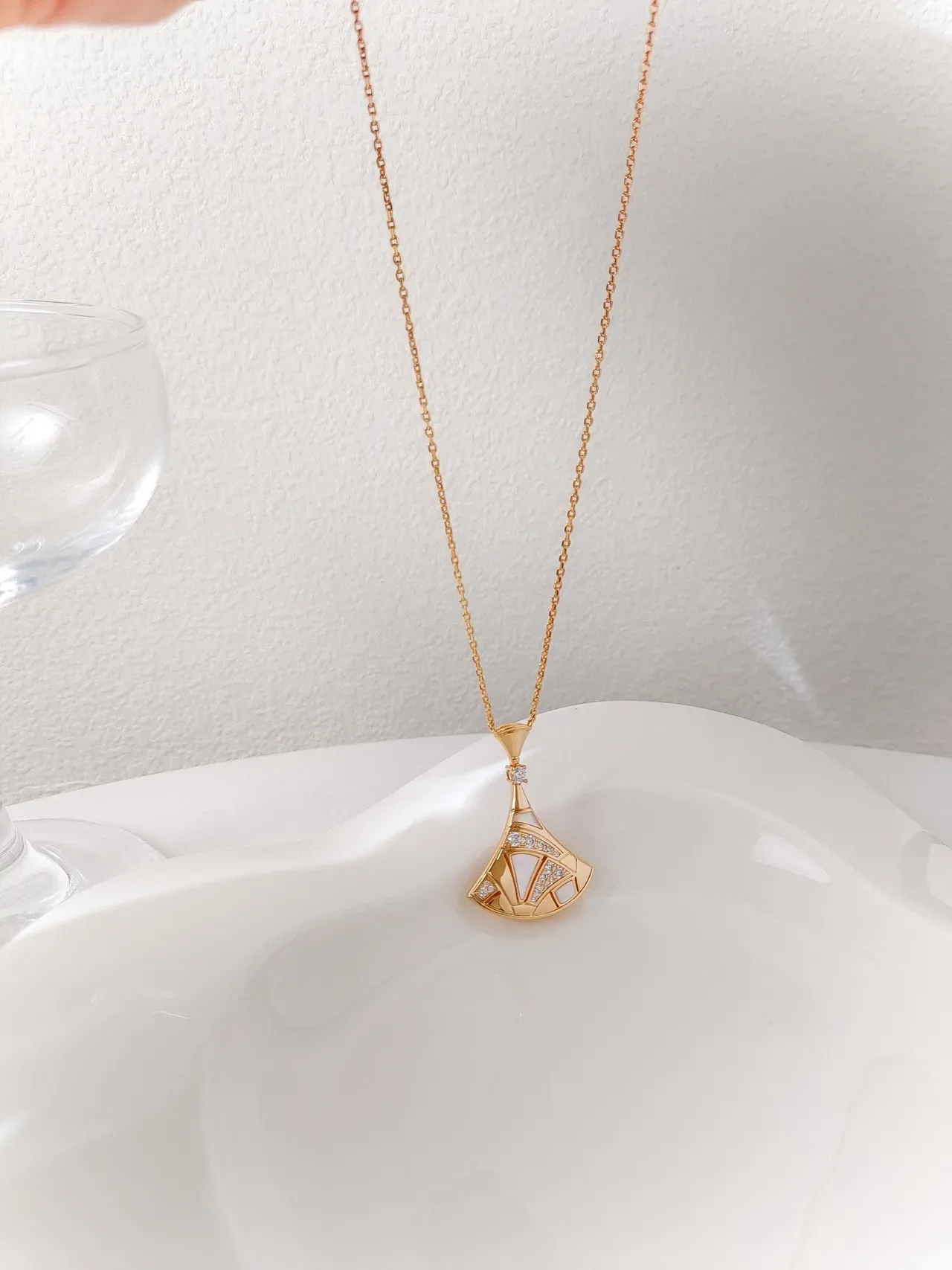 Gold White Geometric Fan-Shaped Pendant Pavé Crystal Accents Necklace 2