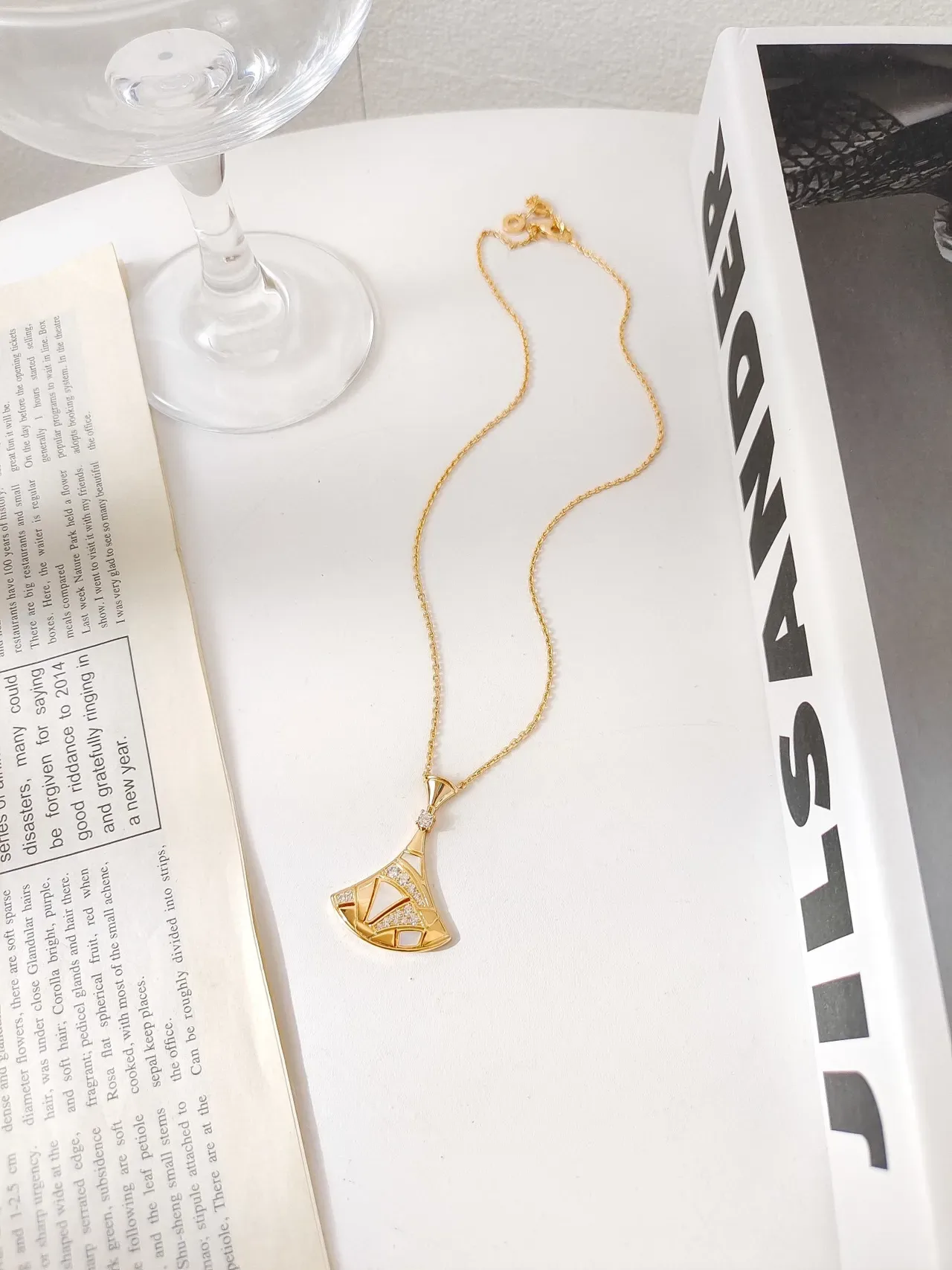 Gold White Geometric Fan-Shaped Pendant Pavé Crystal Accents Necklace 3