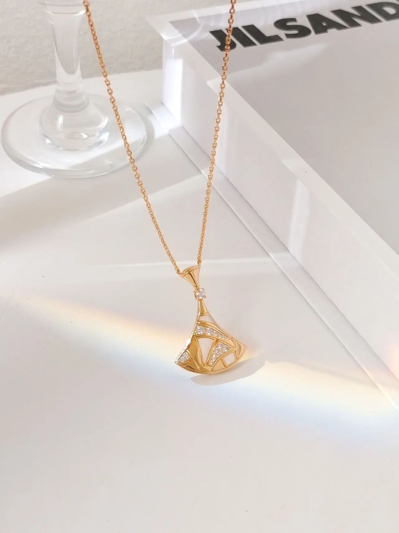 Gold White Geometric Fan-Shaped Pendant Pavé Crystal Accents Necklace 4