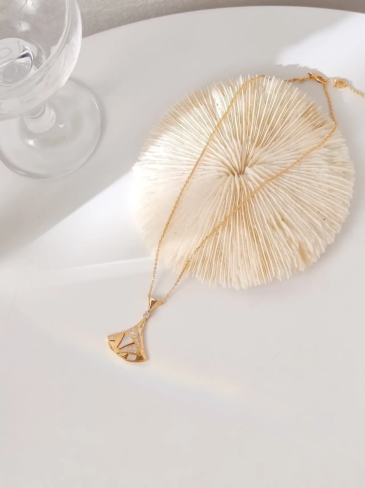 Gold White Geometric Fan-Shaped Pendant Pavé Crystal Accents Necklace 5