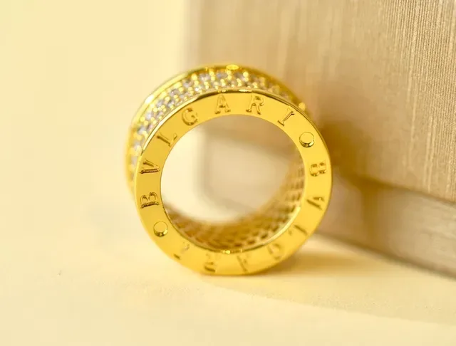 Gold White Wide Band Multi-Row Pavé Ring 6