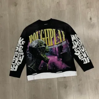 Graphic-Print Rhinestone-Embellished Black Long-Sleeve Crewneck Top