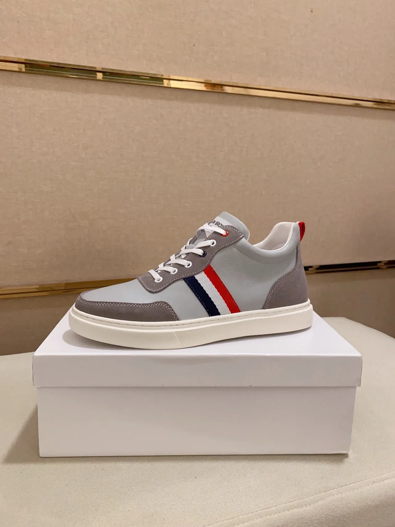 Gray and Red Tricolor Stripe Lifestyle Sneaker 1