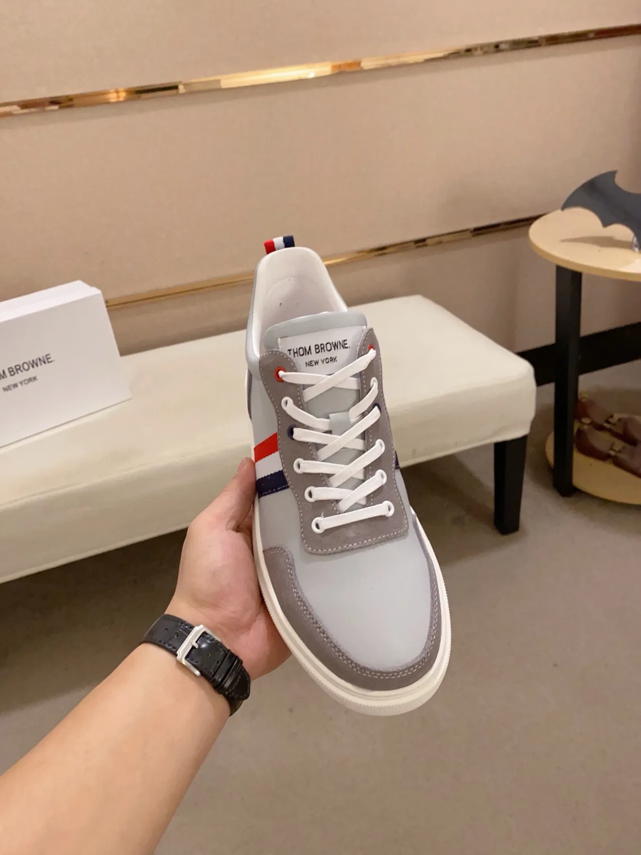 Gray and Red Tricolor Stripe Lifestyle Sneaker 3