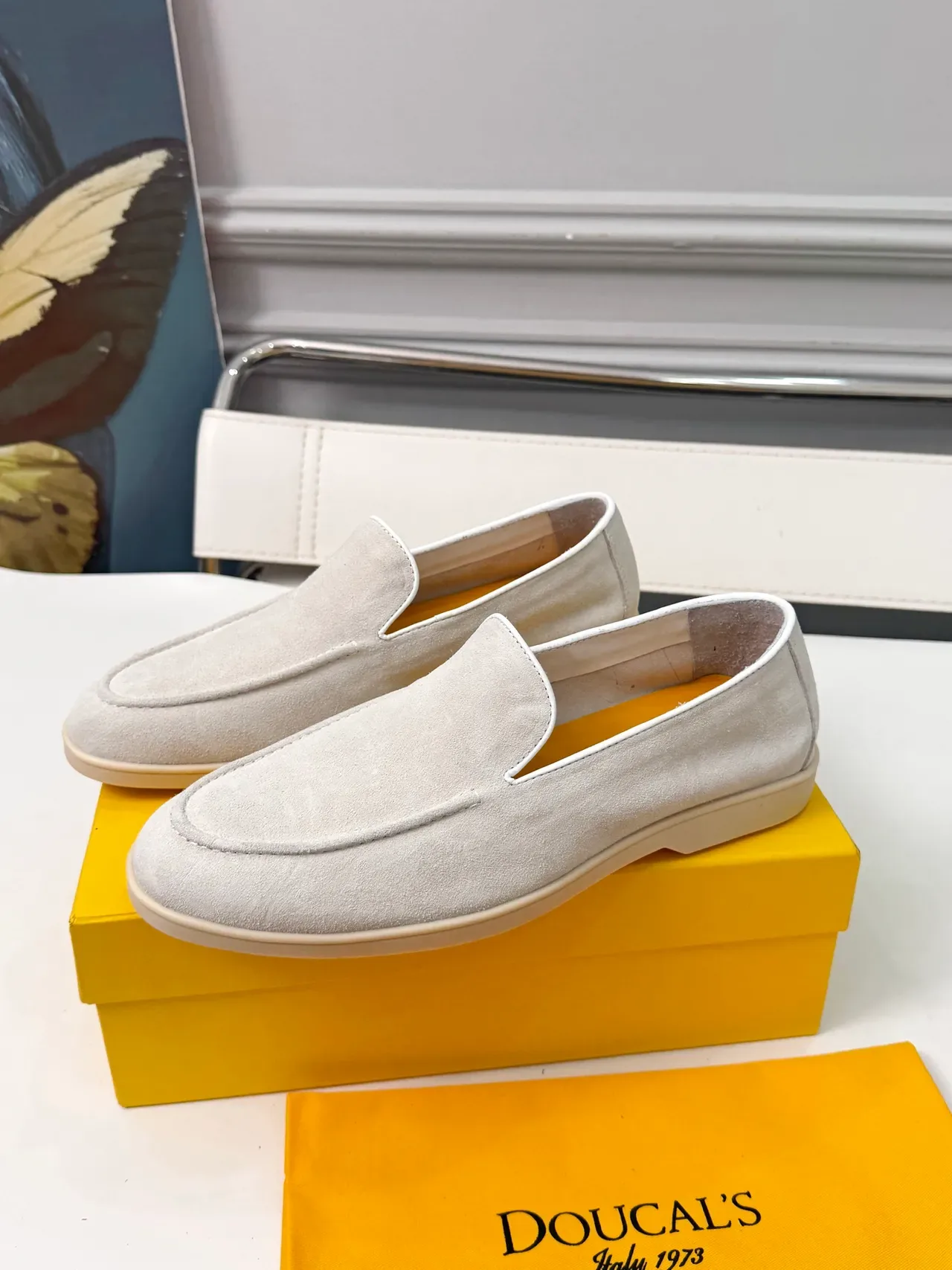 Gray Beige Suede Upper Contrast White Piping Loafer 4
