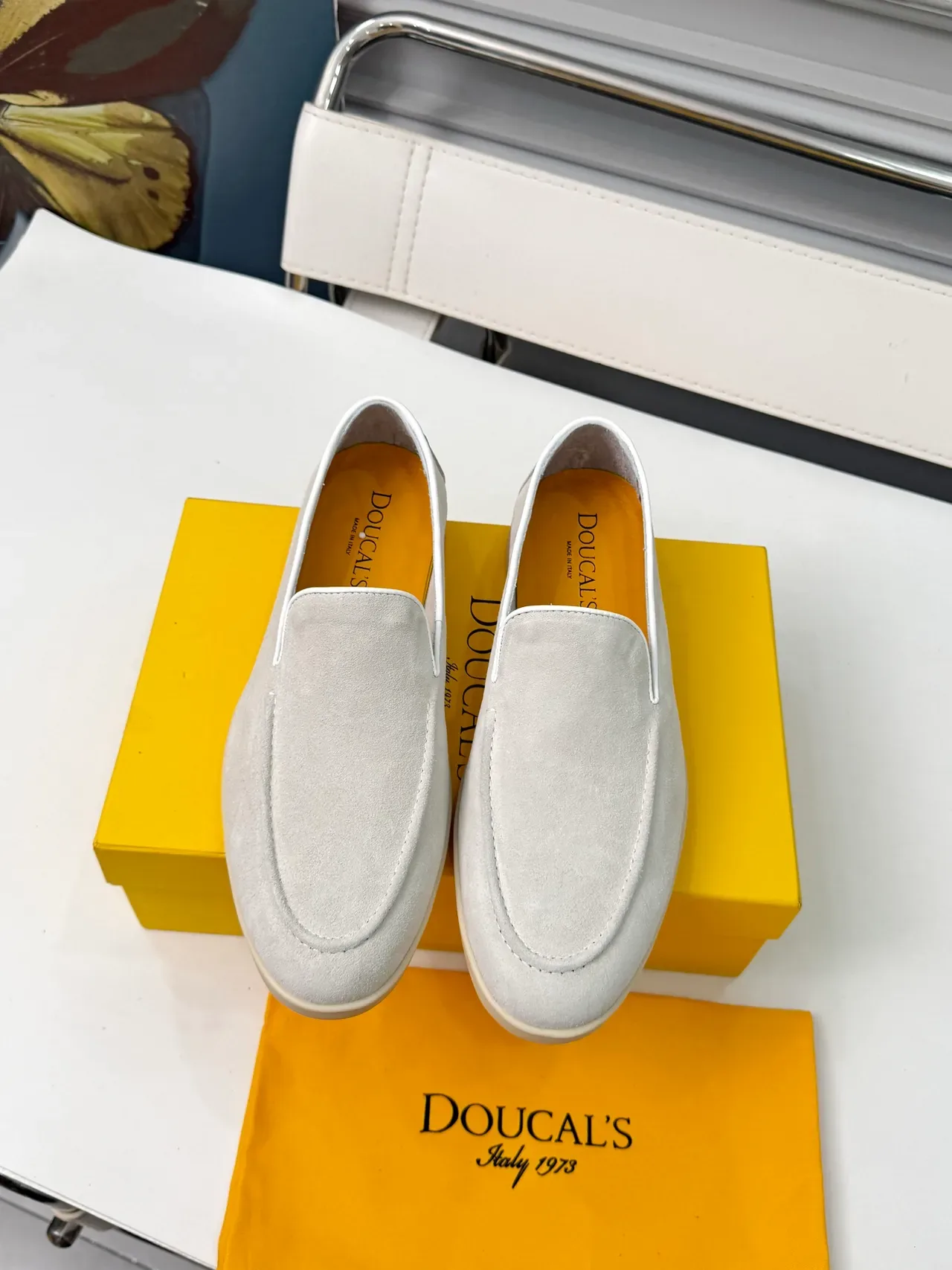 Gray Beige Suede Upper Contrast White Piping Loafer 5