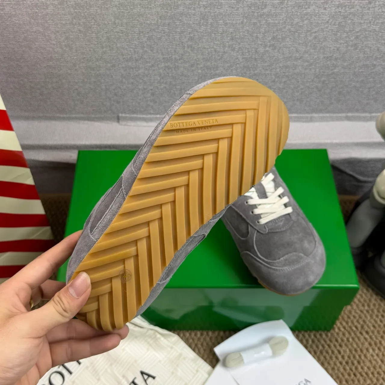 Gray Beige Suede Upper Gum Rubber Sole Sneakers 2
