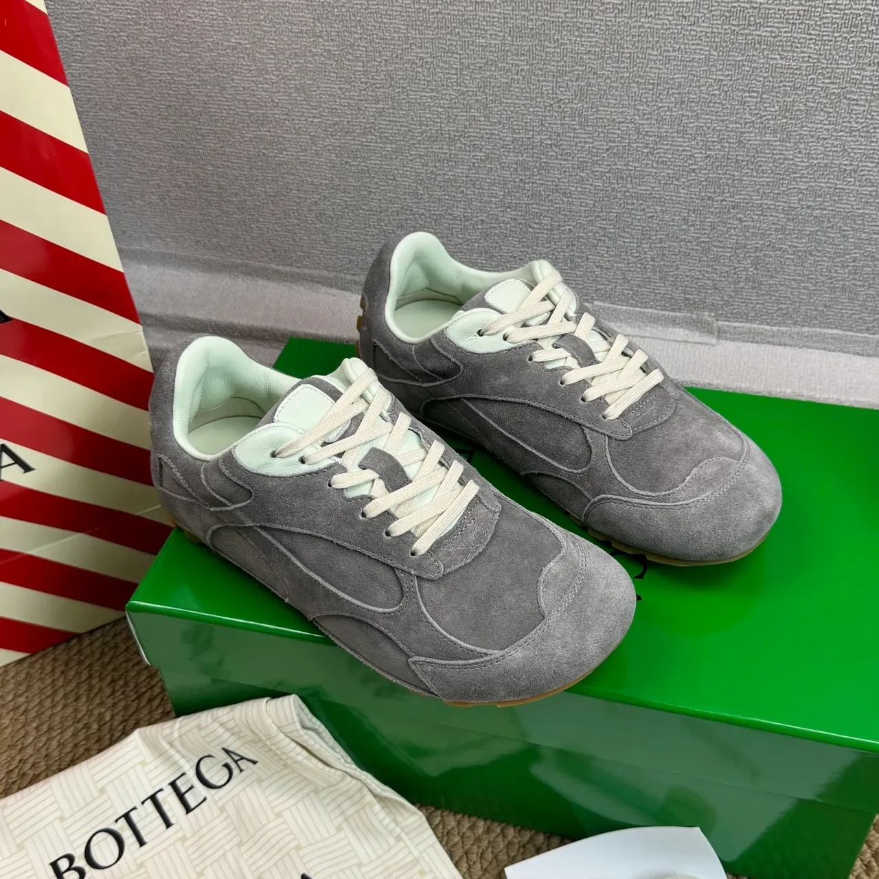 Gray Beige Suede Upper Gum Rubber Sole Sneakers 4