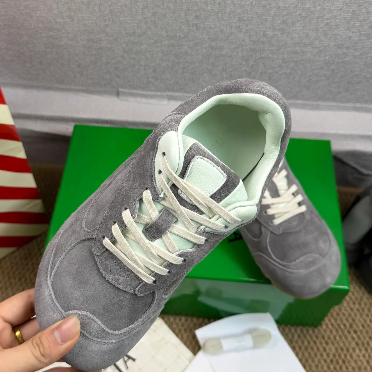 Gray Beige Suede Upper Gum Rubber Sole Sneakers 5