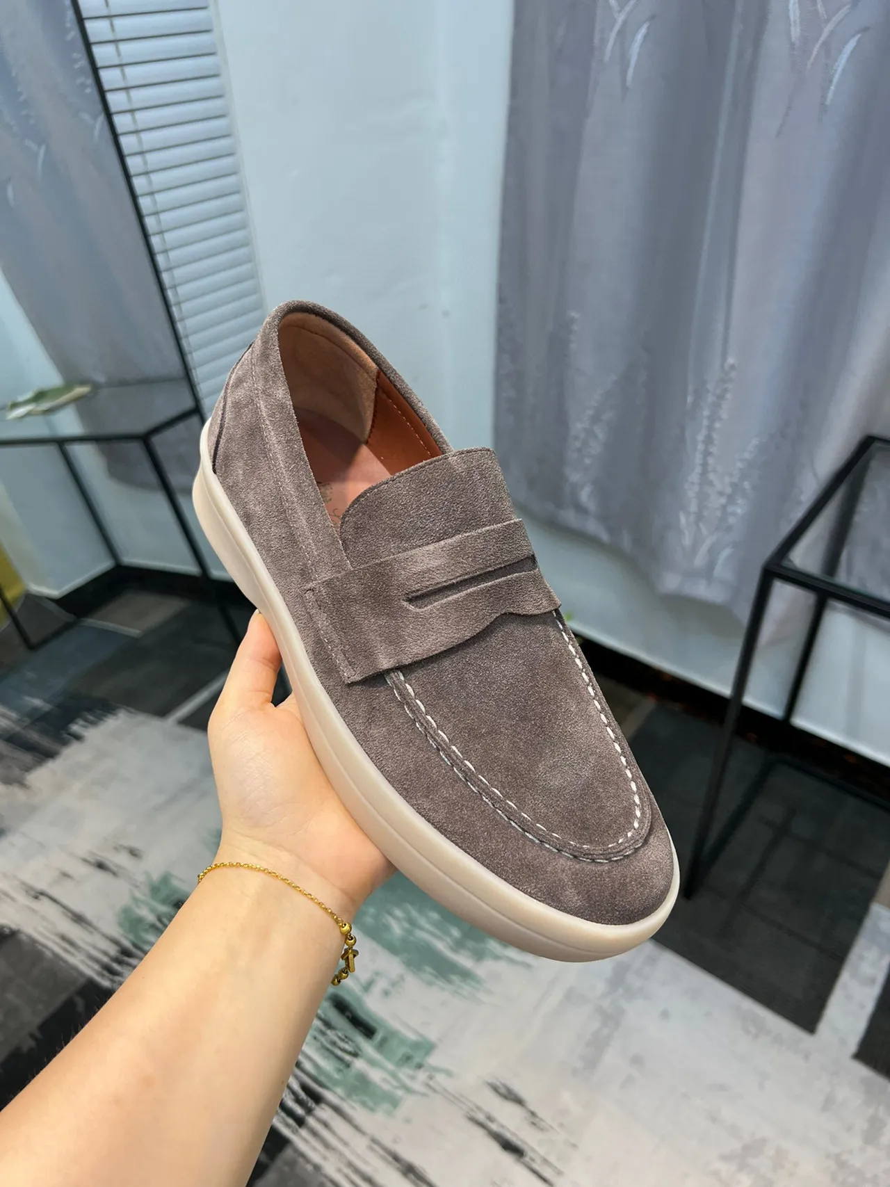 Gray Beige Suede Upper Penny Strap Loafer 7