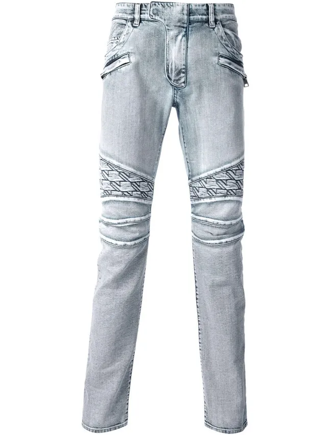 Gray Black Distressed Light-Wash Denim Contrast-Stitched Paneling Jeans 5