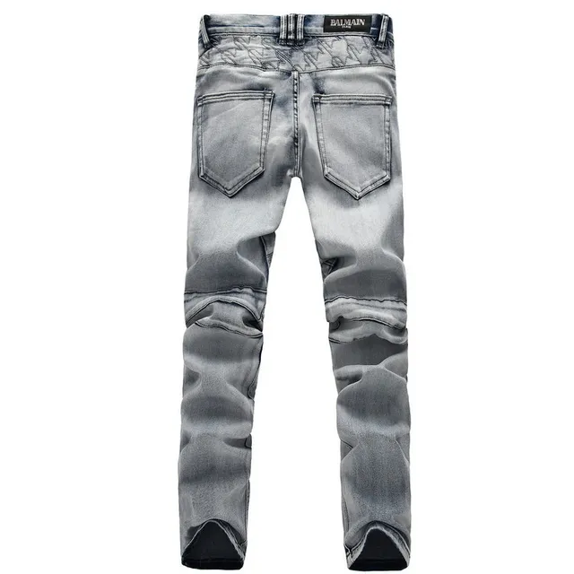 Gray Black Distressed Light-Wash Denim Contrast-Stitched Paneling Jeans 6