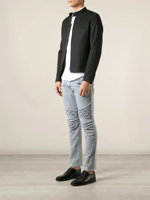 Gray Black Distressed Light-Wash Denim Contrast-Stitched Paneling Jeans 9