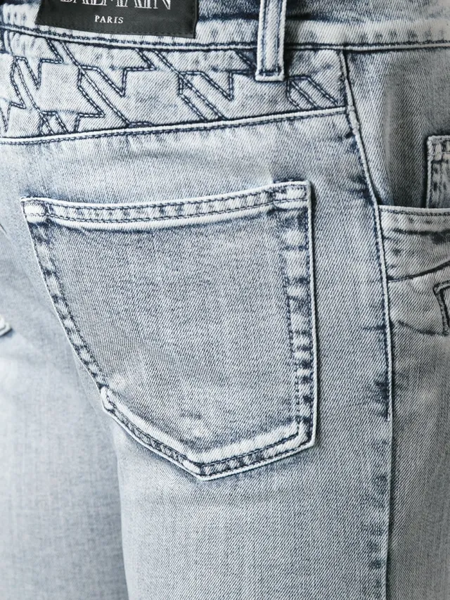 Gray Black Distressed Light-Wash Denim Contrast-Stitched Paneling Jeans 11