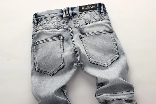 Gray Black Distressed Light-Wash Denim Contrast-Stitched Paneling Jeans 13