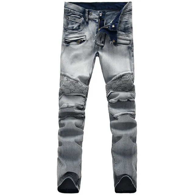 Gray Black Distressed Light-Wash Denim Contrast-Stitched Paneling Jeans 14