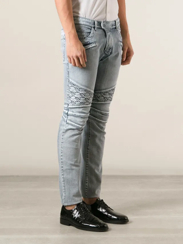 Gray Black Distressed Light-Wash Denim Contrast-Stitched Paneling Jeans 20