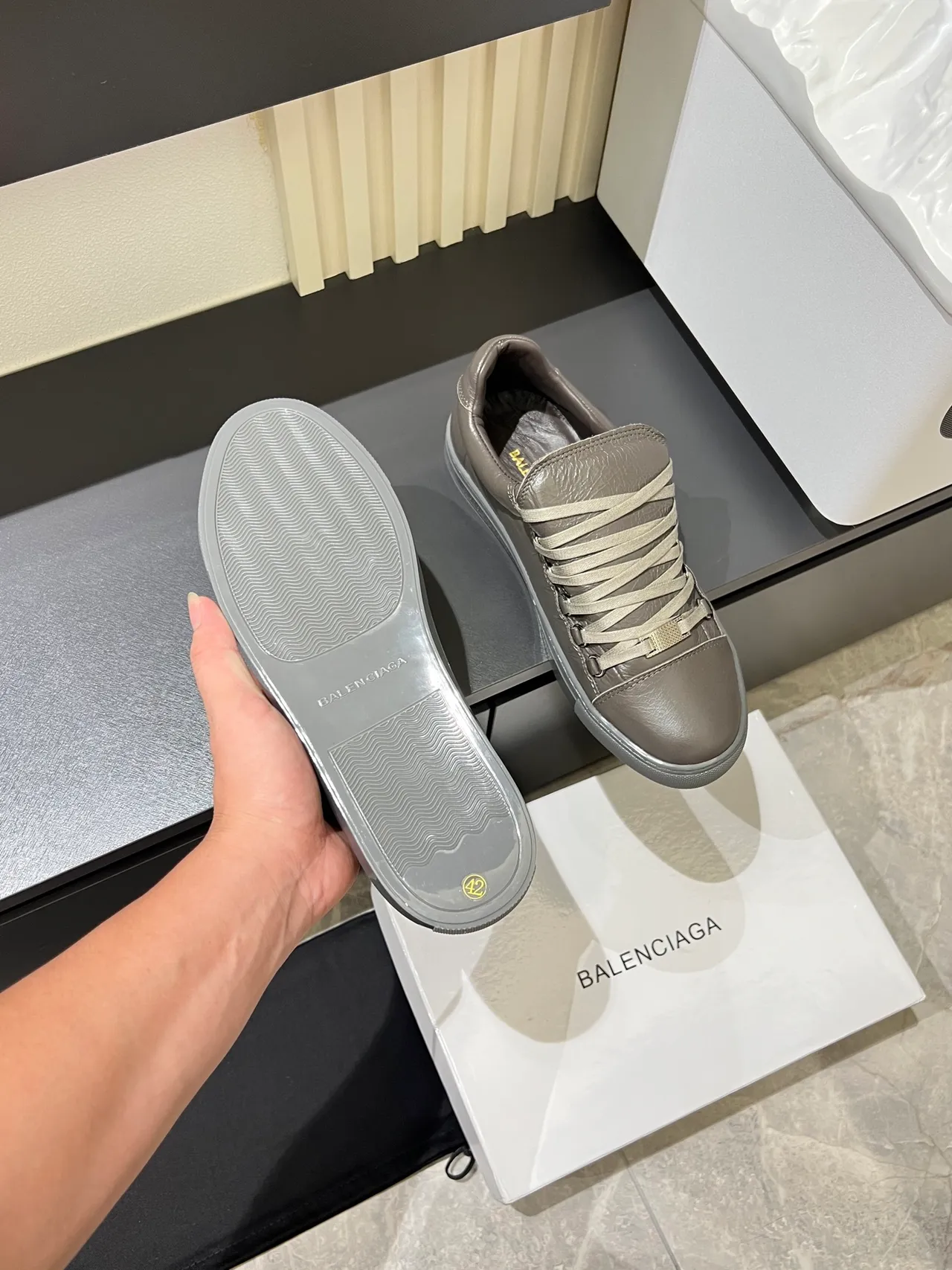 Gray Crinkled Leather Low-Top Lace-Up Sneakers 4