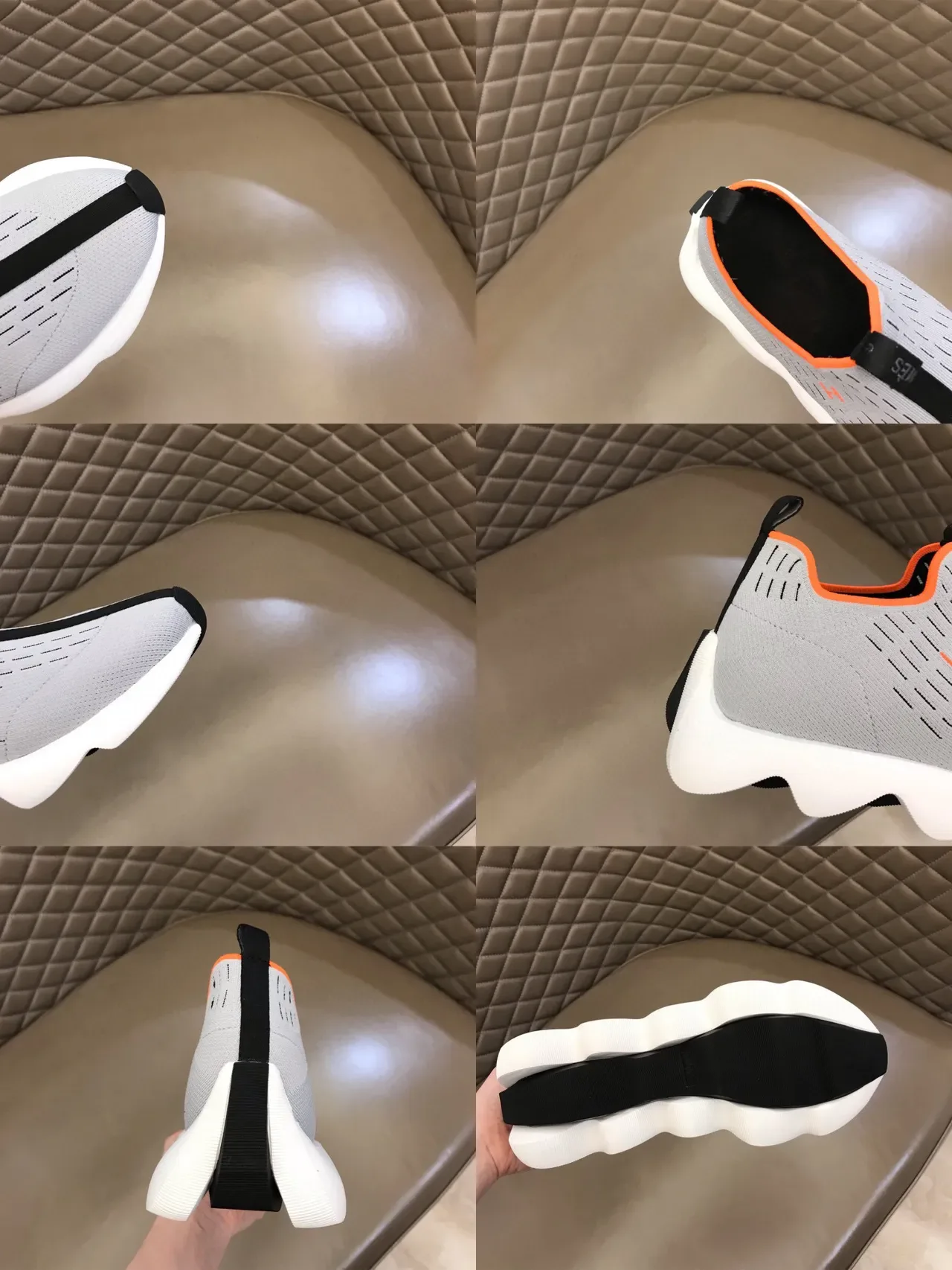 Gray Orange Slip-On Knit Upper Wavy Sculpted Midsole Sneakers 2