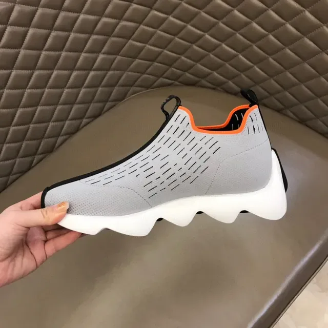 Gray Orange Slip-On Knit Upper Wavy Sculpted Midsole Sneakers 3
