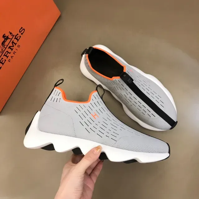 Gray Orange Slip-On Knit Upper Wavy Sculpted Midsole Sneakers 6