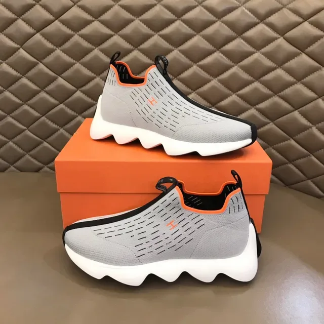 Gray Orange Slip-On Knit Upper Wavy Sculpted Midsole Sneakers 7