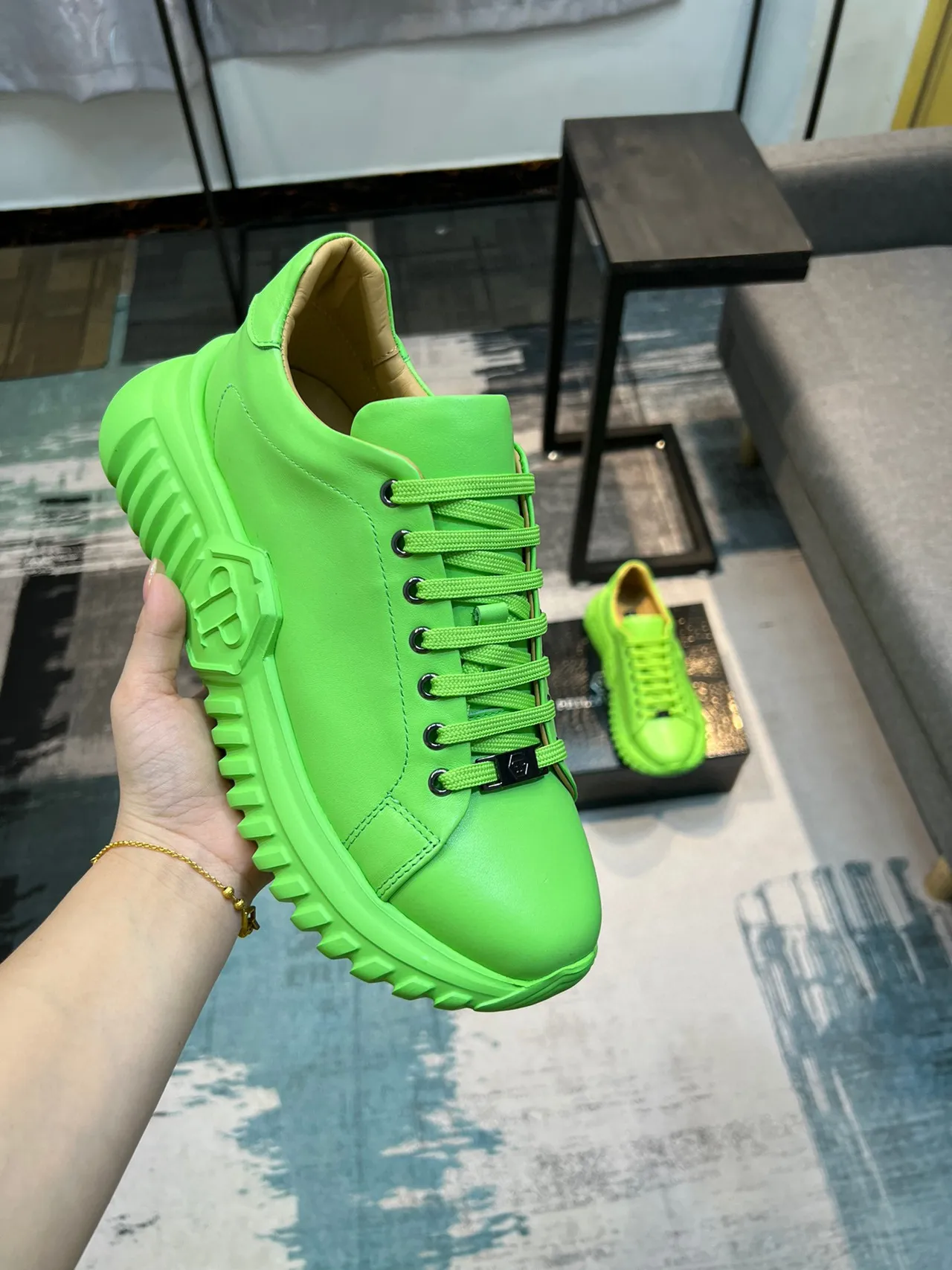 Green Beige Neon Monochrome Sculpted Sole Chunky Sneakers 6