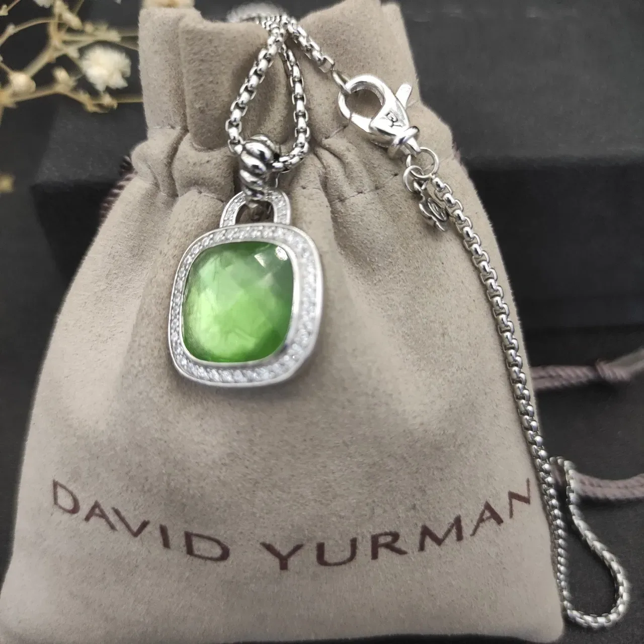 Green Iridescent Cushion-Cut Halo Pendant Necklace 4