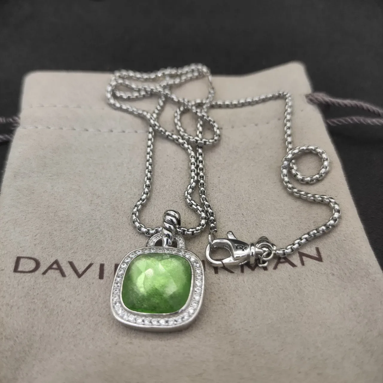 Green Iridescent Cushion-Cut Halo Pendant Necklace 5