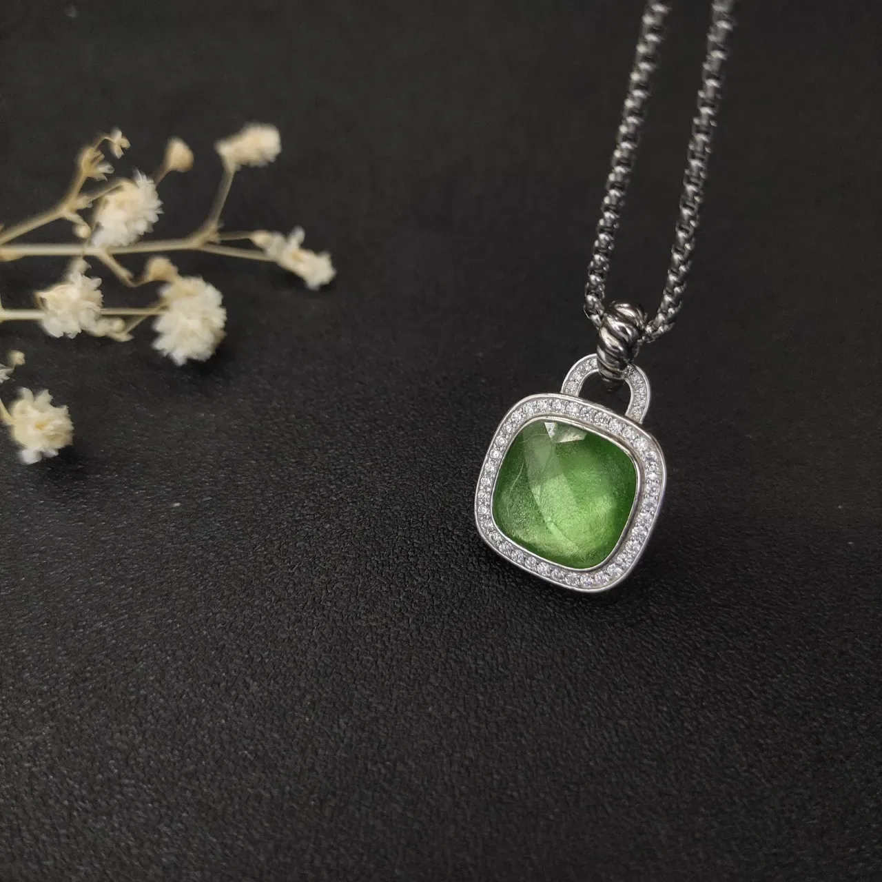 Green Iridescent Cushion-Cut Halo Pendant Necklace 7
