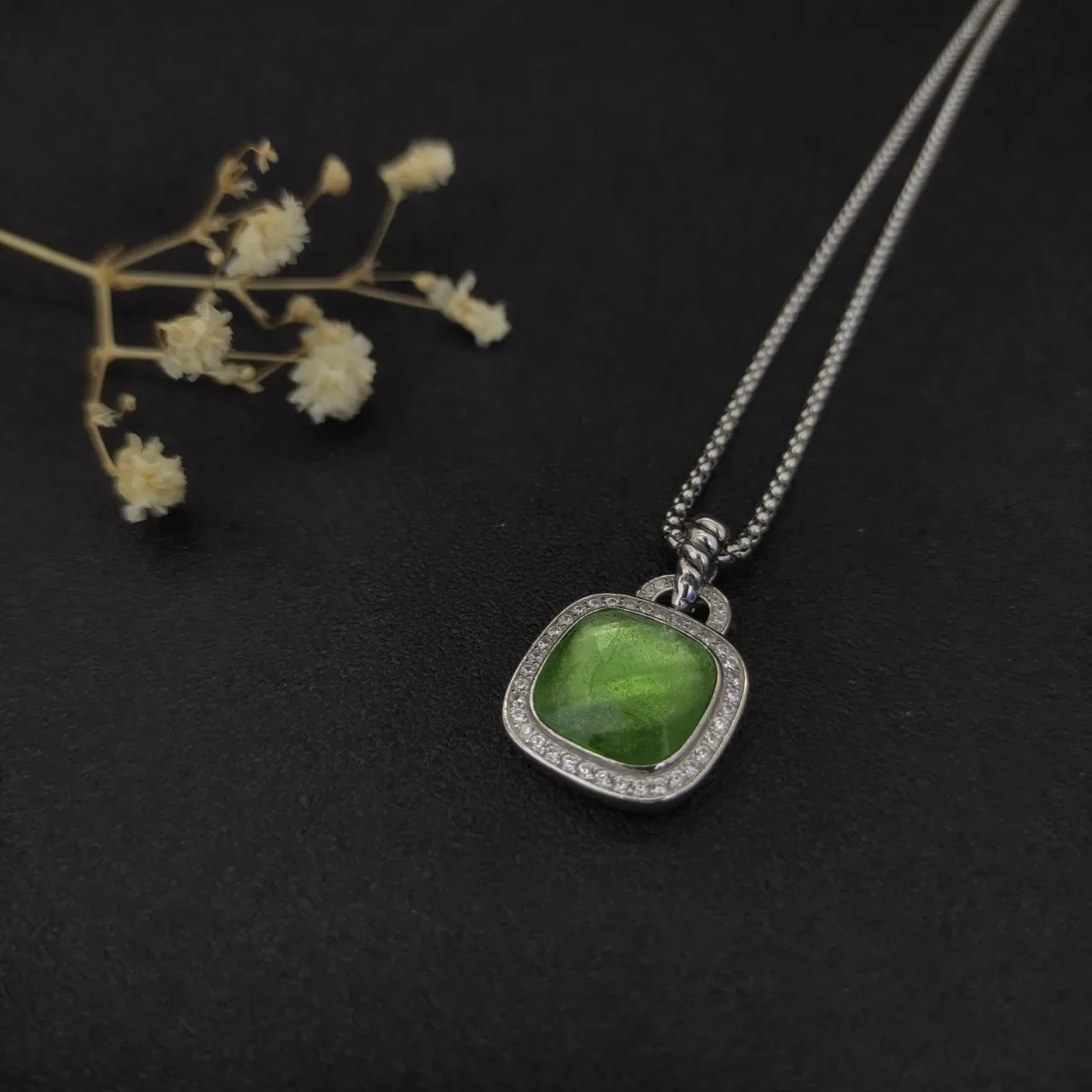 Green Iridescent Cushion-Cut Halo Pendant Necklace 8