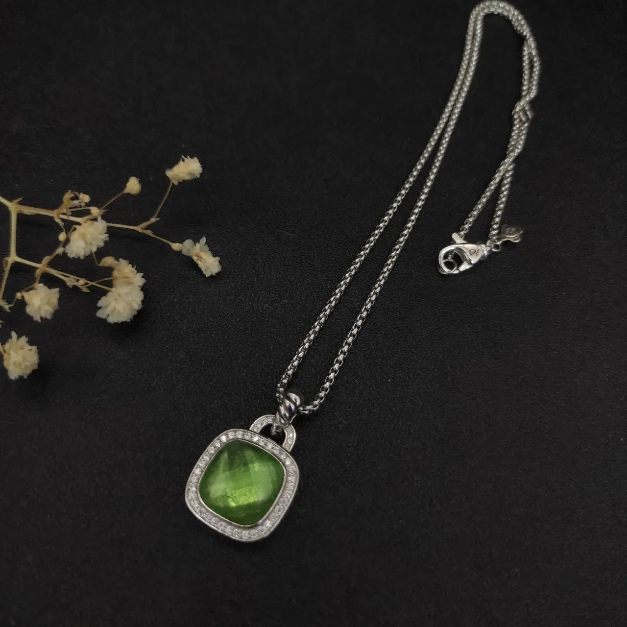 Green Iridescent Cushion-Cut Halo Pendant Necklace 9