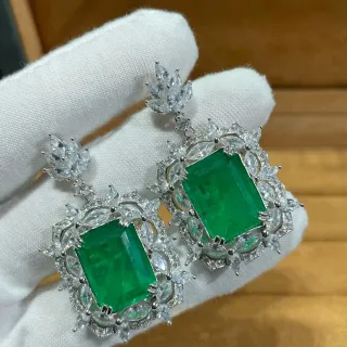 Green Silver Emerald-Cut Center Stone Marquise Halo Earrings